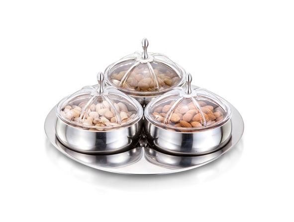 Jack and Rex | Maharaja Dry Fruits and Snacks serving belly bowl 3 pcs set Mirror Finish with Tray and Plastic lid Jack and Rex | Maharaja Dry Fruits and Snacks serving belly bowl 3 pcs set Mirror Finish with Tray and Plastic lid
