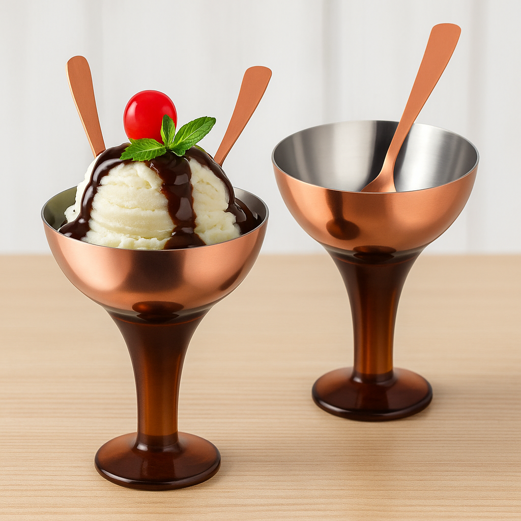 Premium stainless steel ice cream cup with copper finish and spoon by Jack and Rex Premium stainless steel ice cream cup with copper finish and spoon by Jack and Rex