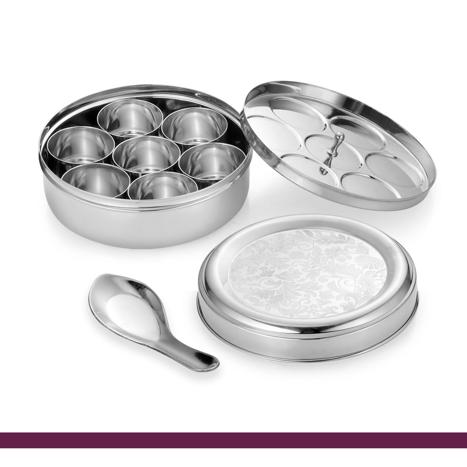 Premium stainless steel masala dabba with floral lid design - Jack and Rex Premium stainless steel masala dabba with floral lid design - Jack and Rex