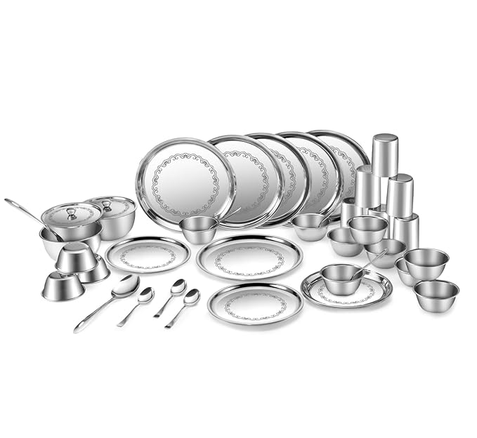 Close-up view of elegant laser printed stainless steel thali from Jack and Rex dinner set Jack and Rex Stainless Steel Laser Printed Dinner Set - Heavy Gauge Steel Thali Set 42 Pcs - Complete Tableware for Kitchen & Dining