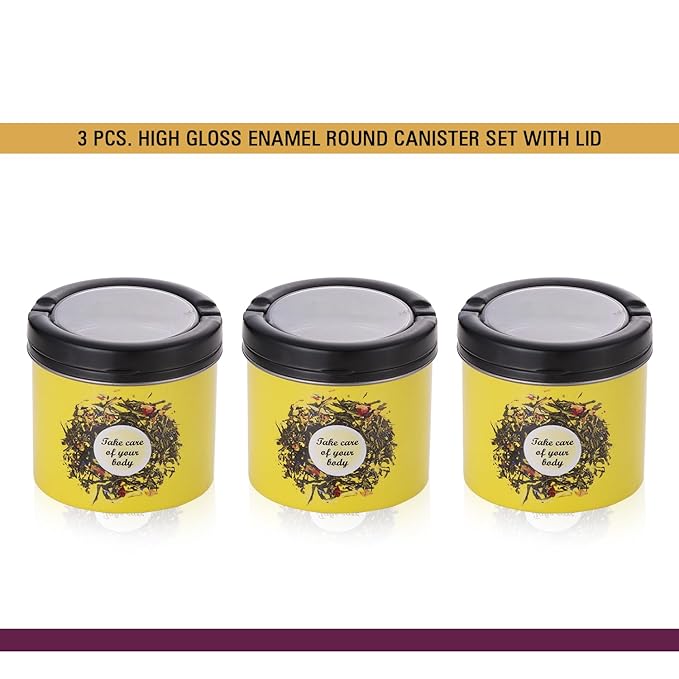 Yellow enamel stainless steel airtight kitchen storage container set of 3 with black lid 500ml Yellow enamel stainless steel airtight kitchen storage container set of 3 with black lid 500ml