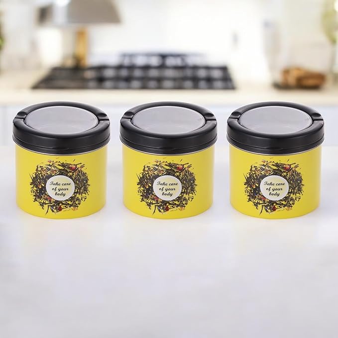 Yellow enamel stainless steel airtight kitchen storage container set of 3 with black lid 500ml Yellow enamel stainless steel airtight kitchen storage container set of 3 with black lid 500ml