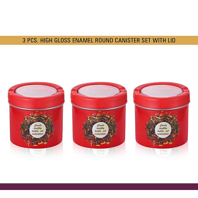 Red enamel stainless steel airtight kitchen storage container set of 3 with silver lid 500ml Red enamel stainless steel airtight kitchen storage container set of 3 with silver lid 500ml