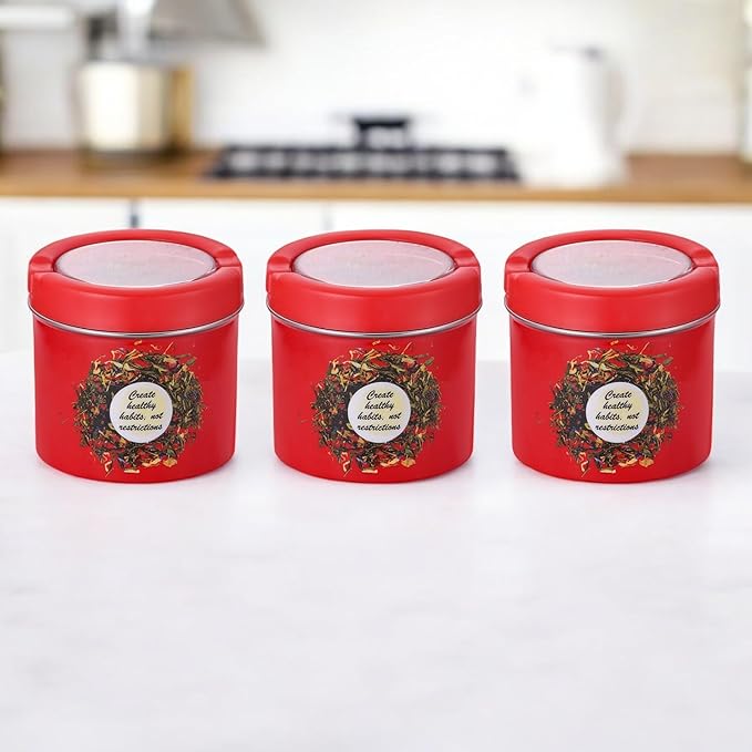 Red enamel stainless steel airtight kitchen storage container set of 3 with silver lid 500ml Red enamel stainless steel airtight kitchen storage container set of 3 with silver lid 500ml