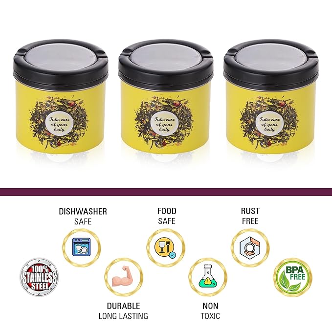 Yellow enamel stainless steel airtight kitchen storage container set of 3 with black lid 500ml Yellow enamel stainless steel airtight kitchen storage container set of 3 with black lid 500ml