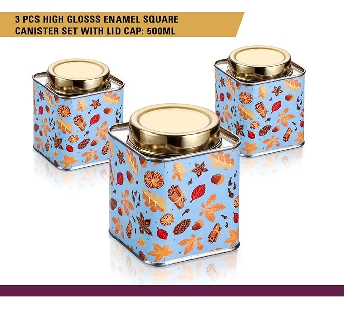 Blue enamel stainless steel airtight kitchen storage container set of 3 with gold lid 500ml Blue enamel stainless steel airtight kitchen storage container set of 3 with gold lid 500ml