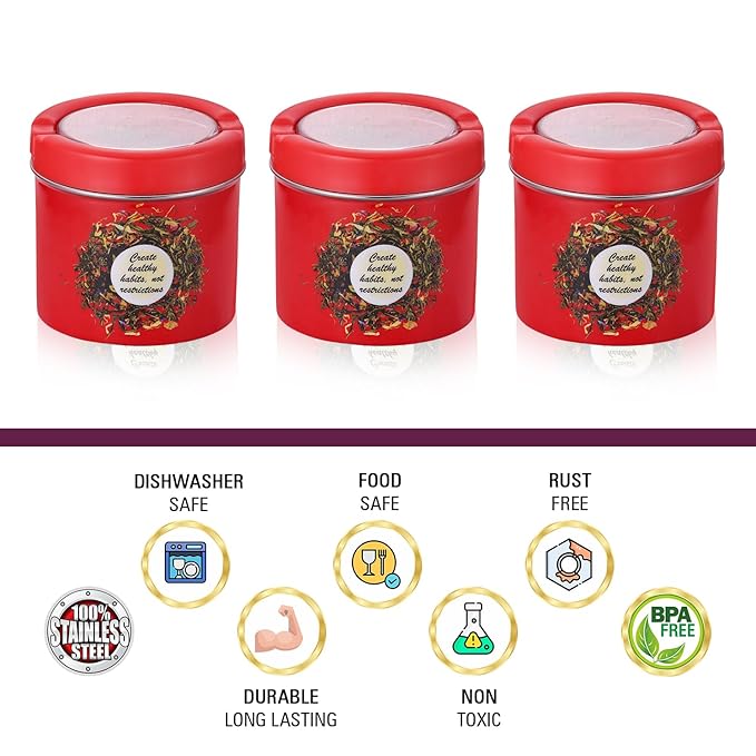 Red enamel stainless steel airtight kitchen storage container set of 3 with silver lid 500ml Red enamel stainless steel airtight kitchen storage container set of 3 with silver lid 500ml