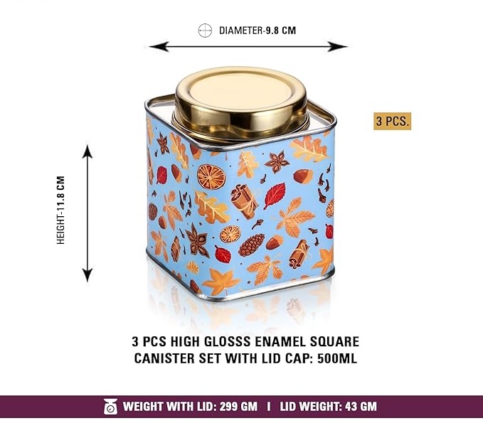 Blue enamel stainless steel airtight kitchen storage container set of 3 with gold lid 500ml Blue enamel stainless steel airtight kitchen storage container set of 3 with gold lid 500ml