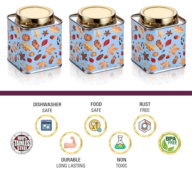 Blue enamel stainless steel airtight kitchen storage container set of 3 with gold lid 500ml Blue enamel stainless steel airtight kitchen storage container set of 3 with gold lid 500ml