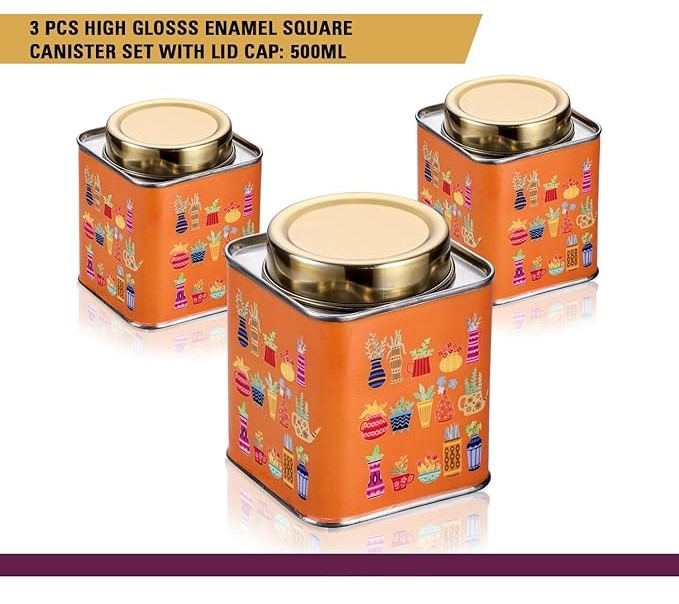Stainless steel orange enamel square container set of 3 with lid – 500ml each Stainless steel orange enamel square container set of 3 with lid – 500ml each