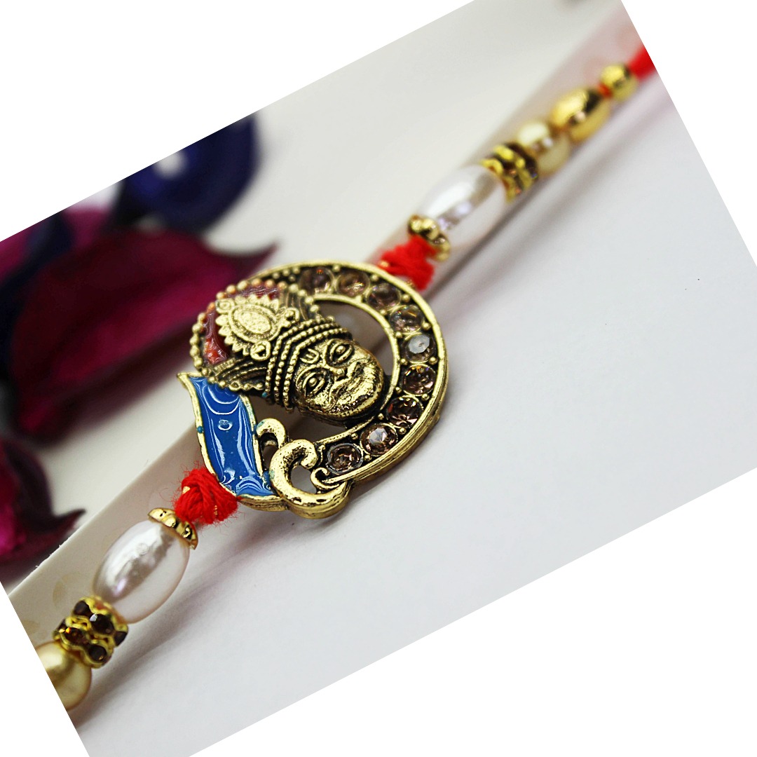 Untitled (1) Jack and Rex Khatu Shyam Ji Rakhi for Brother with Crescent Design and Blue Flag