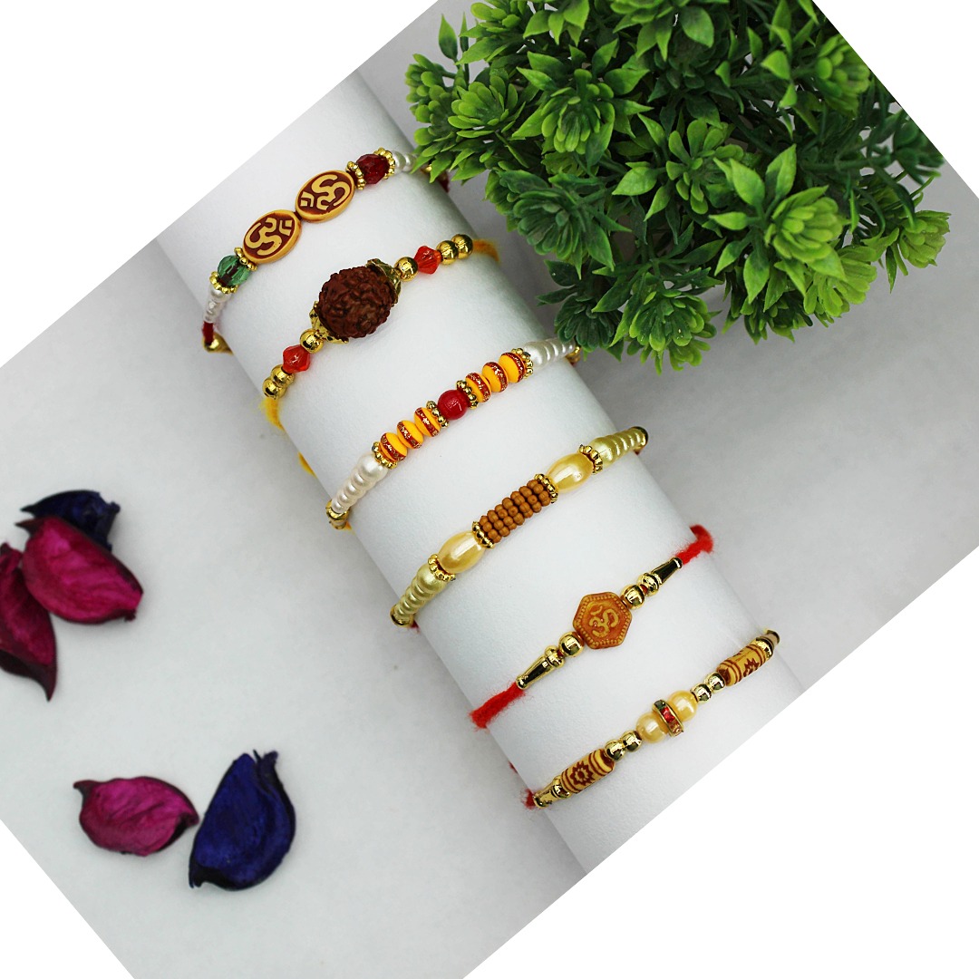 Premium 6 Rakhi Combo Set – Om, Rudraksh, Pearl, Beaded & Designer Rakhis by Jack and Rex Premium 6 Rakhi Combo Set – Om, Rudraksh, Pearl, Beaded & Designer Rakhis by Jack and Rex