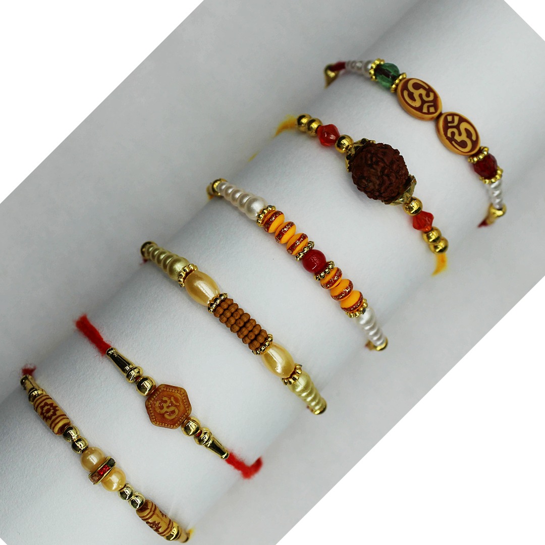 Premium 6 Rakhi Combo Set – Om, Rudraksh, Pearl, Beaded & Designer Rakhis by Jack and Rex Premium 6 Rakhi Combo Set – Om, Rudraksh, Pearl, Beaded & Designer Rakhis by Jack and Rex