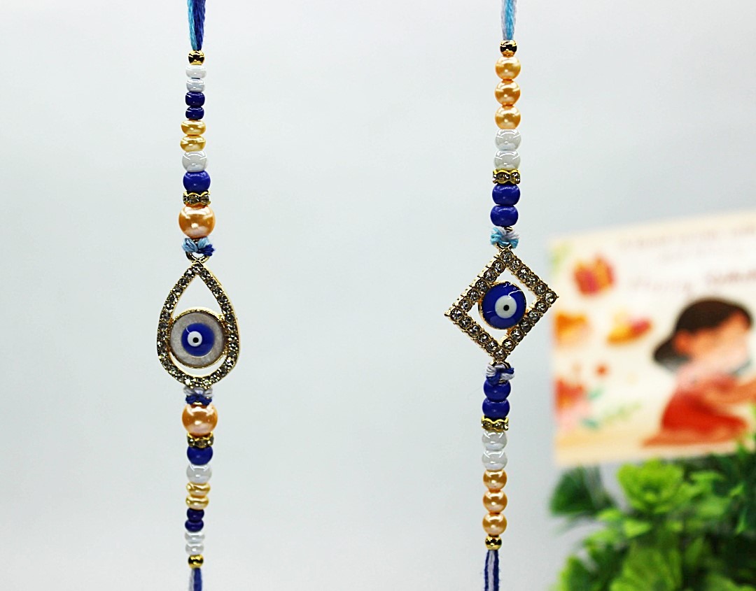Untitled (11) Jack and Rex Evil Eye Rakhi with Teardrop CZ Stone Frame – Blue Beaded Raksha Bandhan Thread
