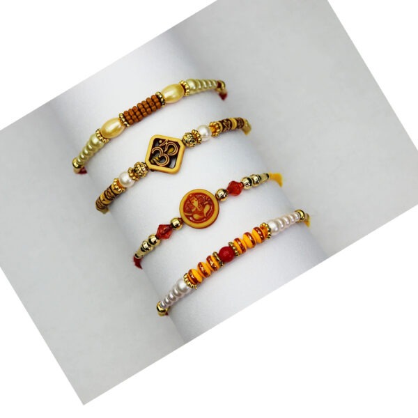 Untitled (25) Jack and Rex Traditional 4 Rakhi Combo Set – Om, Ganesha, Rudraksh & Pearl Rakhi Threads for Brother