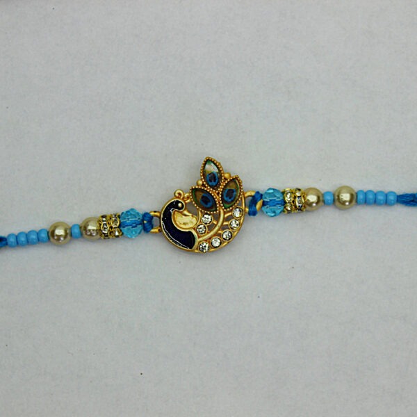 Untitled (4) Jack and Rex Peacock Rakhi for Brother – Blue CZ Stone Beaded Raksha Bandhan Thread with Enamel Detailing
