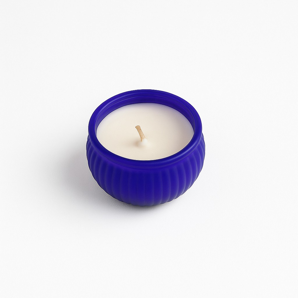 WhatsApp Image 2025-05-31 at 5.08.55 PM Royal blue ribbed frosted glass candle with white soy wax