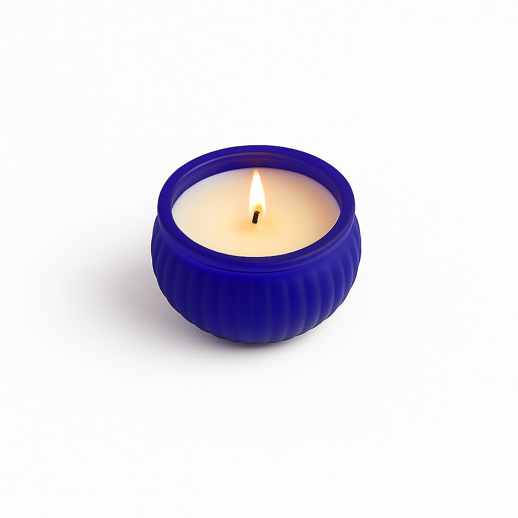 WhatsApp Image 2025-05-31 at 5.25.05 PM Royal blue ribbed frosted glass candle with white soy wax